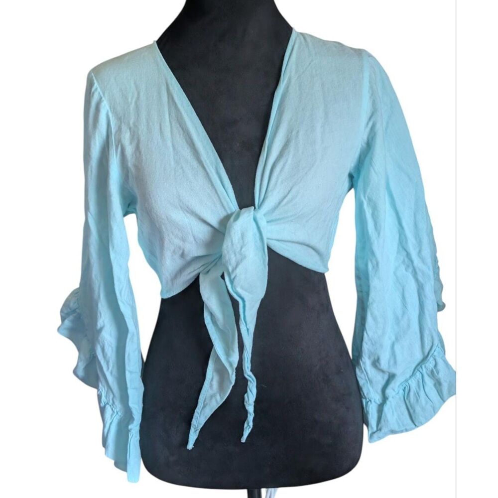 Vintage Spoon Jeans Y2K Blue Ruffle Bell Sleeve Tie Front Crop Top, Size M